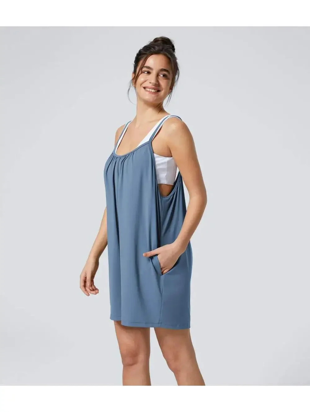 Halara Spaghetti Pocket Solid Wide Leg Casual Jumpsuit Blue Size Large - Picture 7 of 8